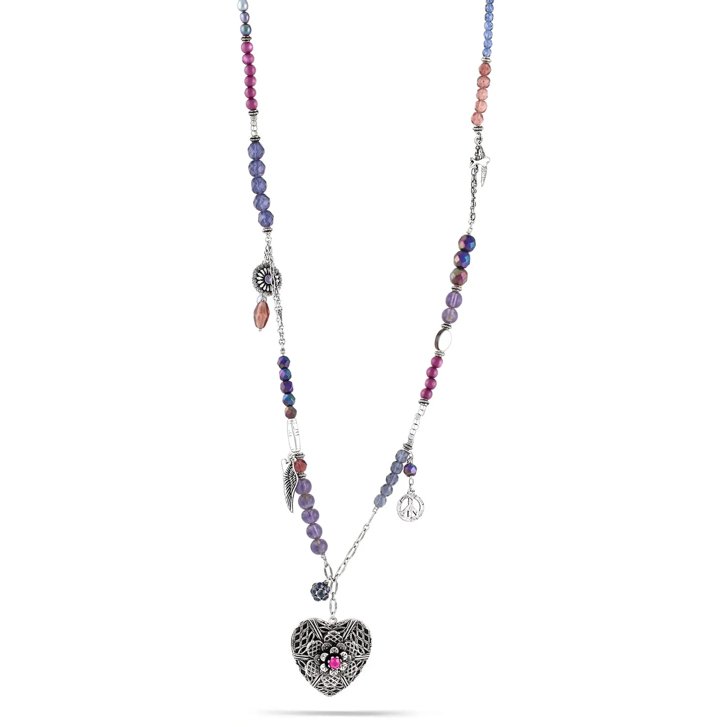 AMETHYST BEADS SILVER OPEN HEART NECKLACES #215PP1501 (1A8)