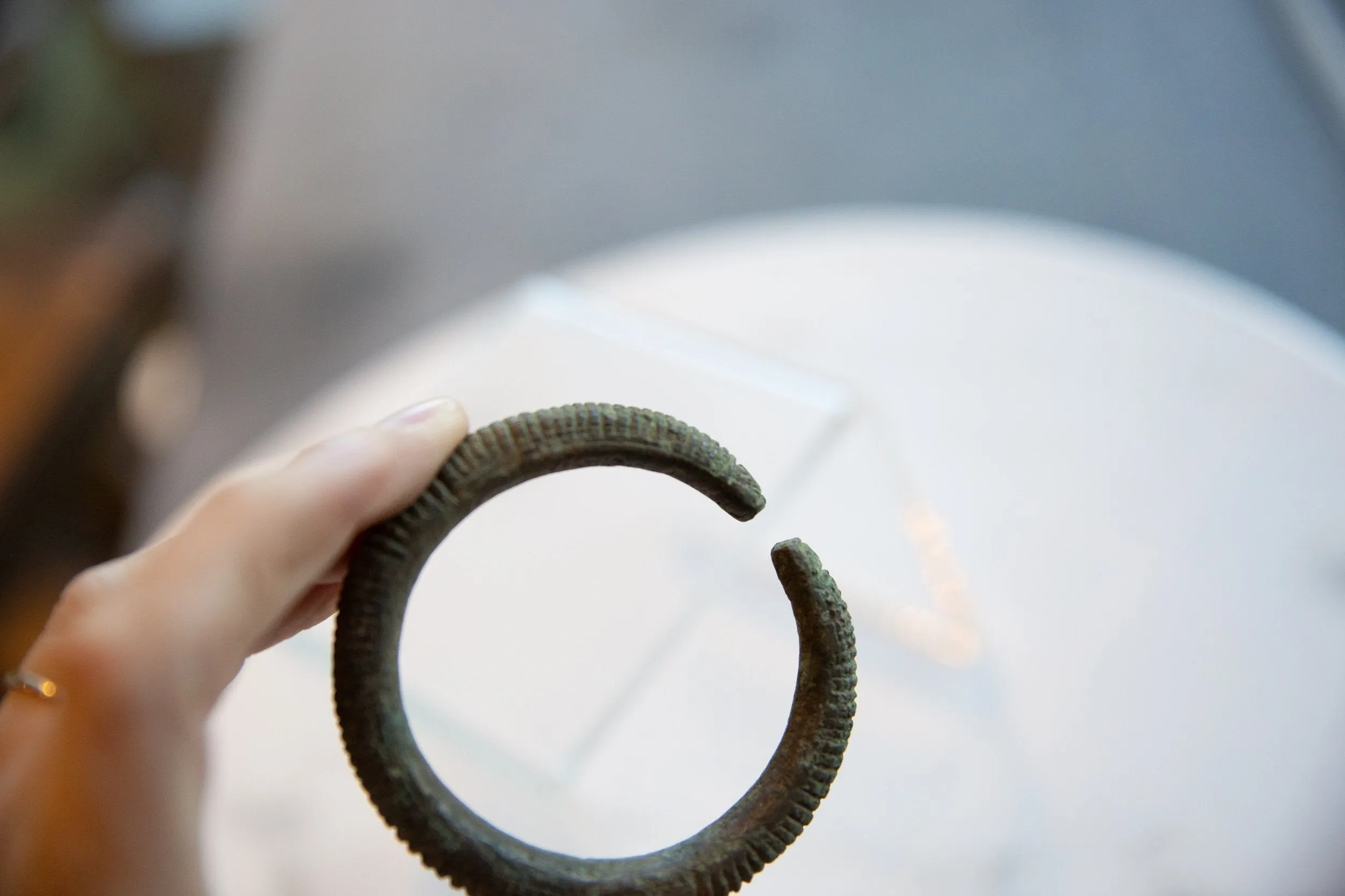 Antique African Bronze Snake Bracelet with Geometric Detailing