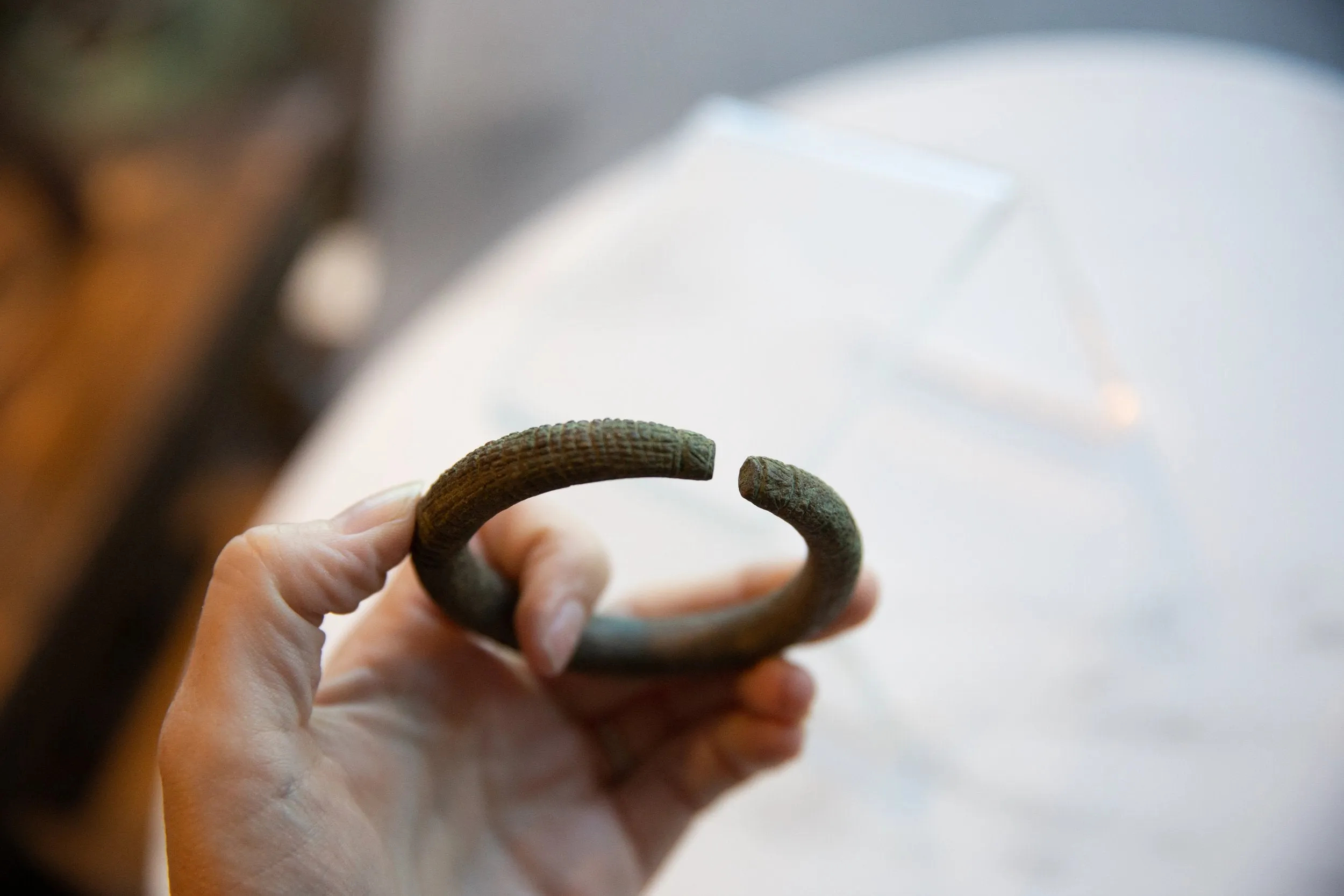 Antique African Bronze Snake Bracelet with Geometric Detailing