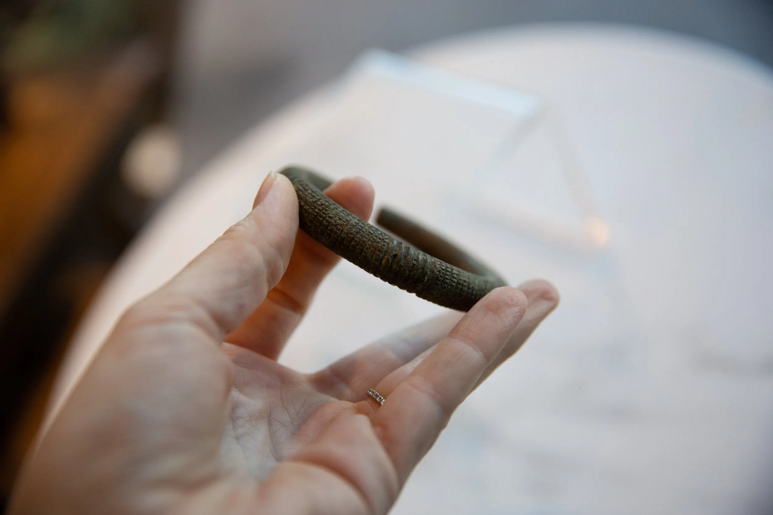 Antique African Bronze Snake Bracelet with Geometric Detailing