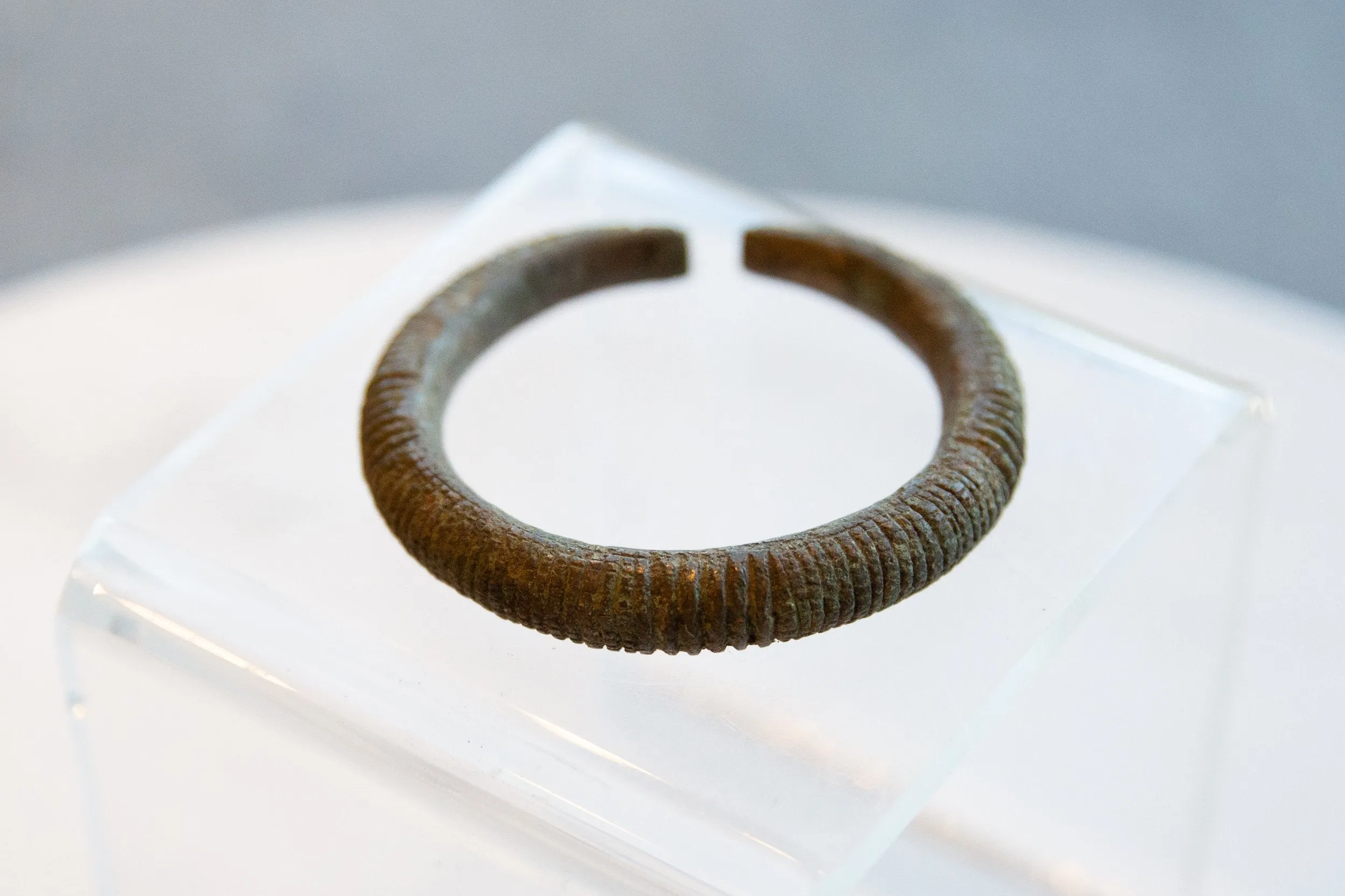 Antique African Bronze Snake Bracelet with Geometric Detailing