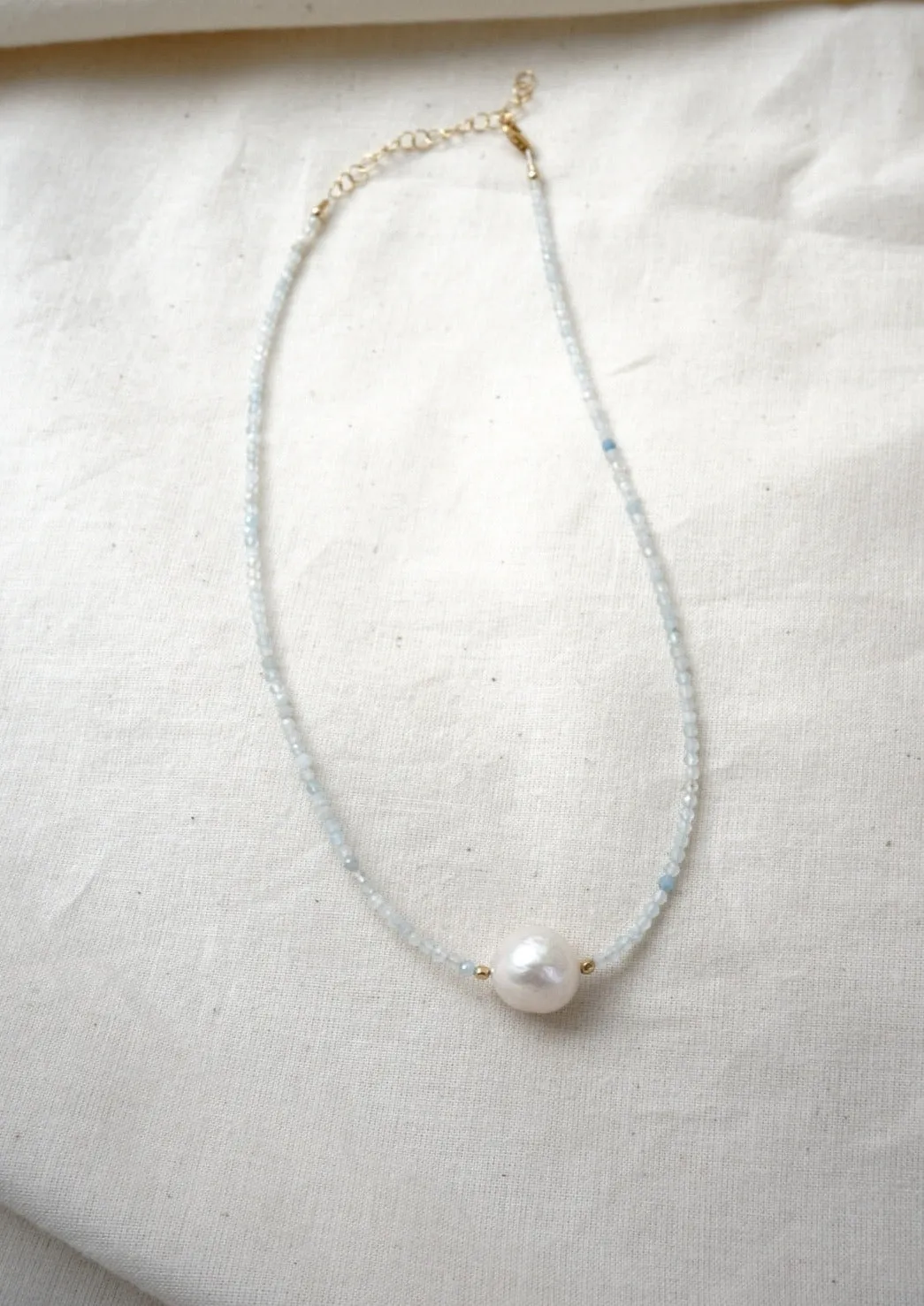 Aquamarine & White Baroque Pearl Necklace