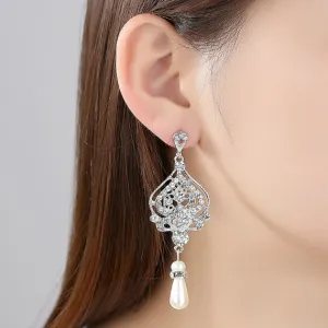 Art Deco Bridal Earrings, Rhinestone Crystal Pearl Chandelier Earrings, Pearl Drop Vintage Wedding Earrings, Bridesmaid Earrings
