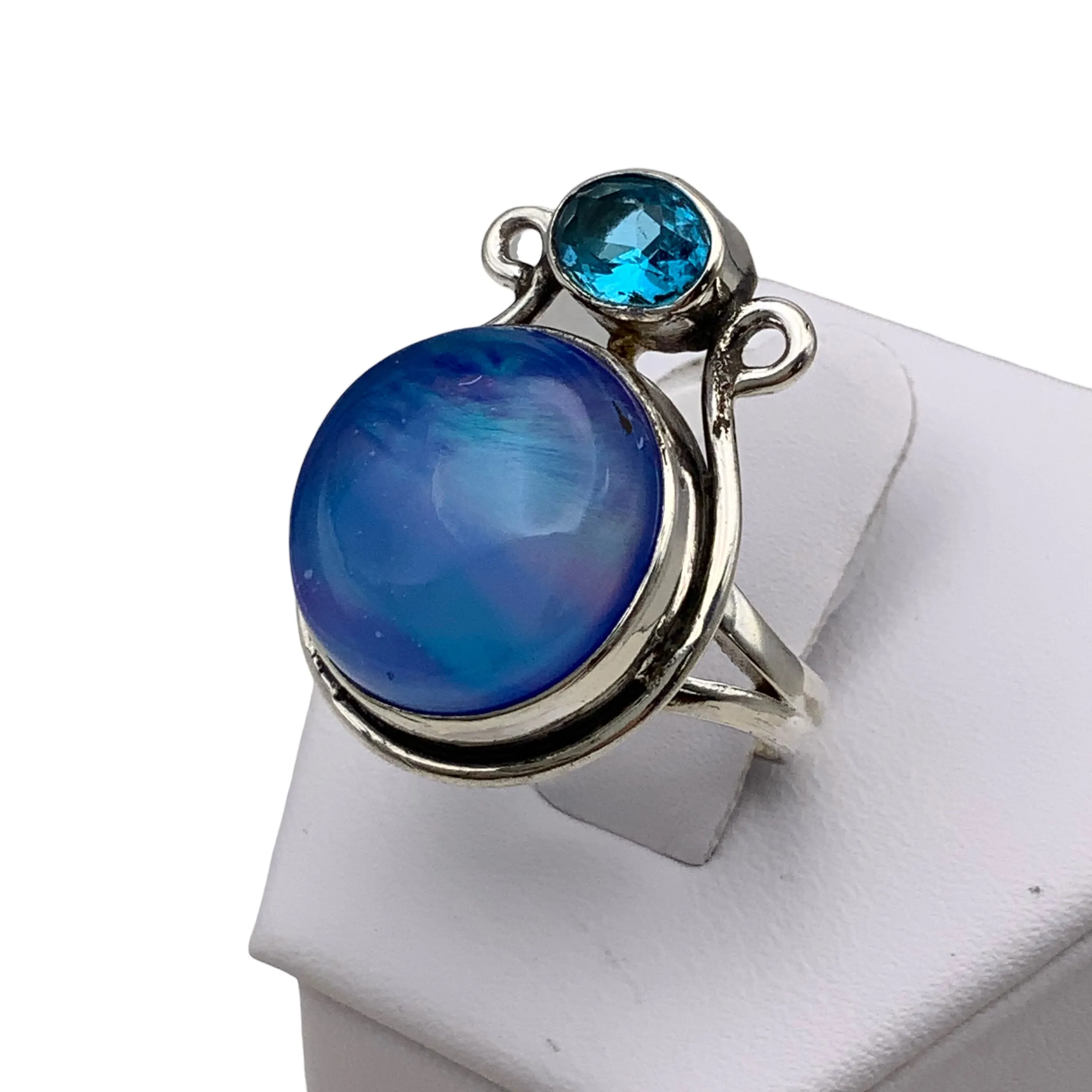 Aurora Opal & Blue Quartz Solid 925 Sterling Silver Ring