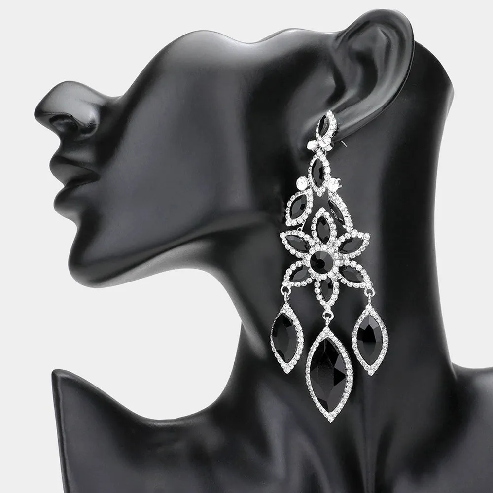 Black/ Clear Flower Triple Marquise Stone Chandelier Evening Earrings   | Statement Earrings | 608515