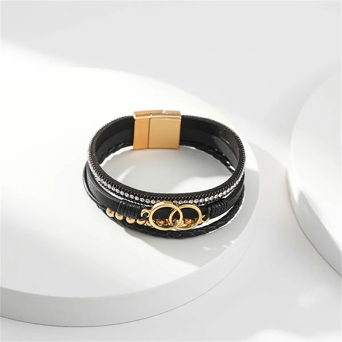 Black Polystyrene & Cubic Zirconia 18K Gold-Plated Braided Stacked Bracelet