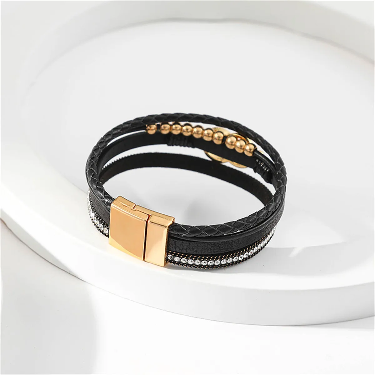 Black Polystyrene & Cubic Zirconia 18K Gold-Plated Braided Stacked Bracelet