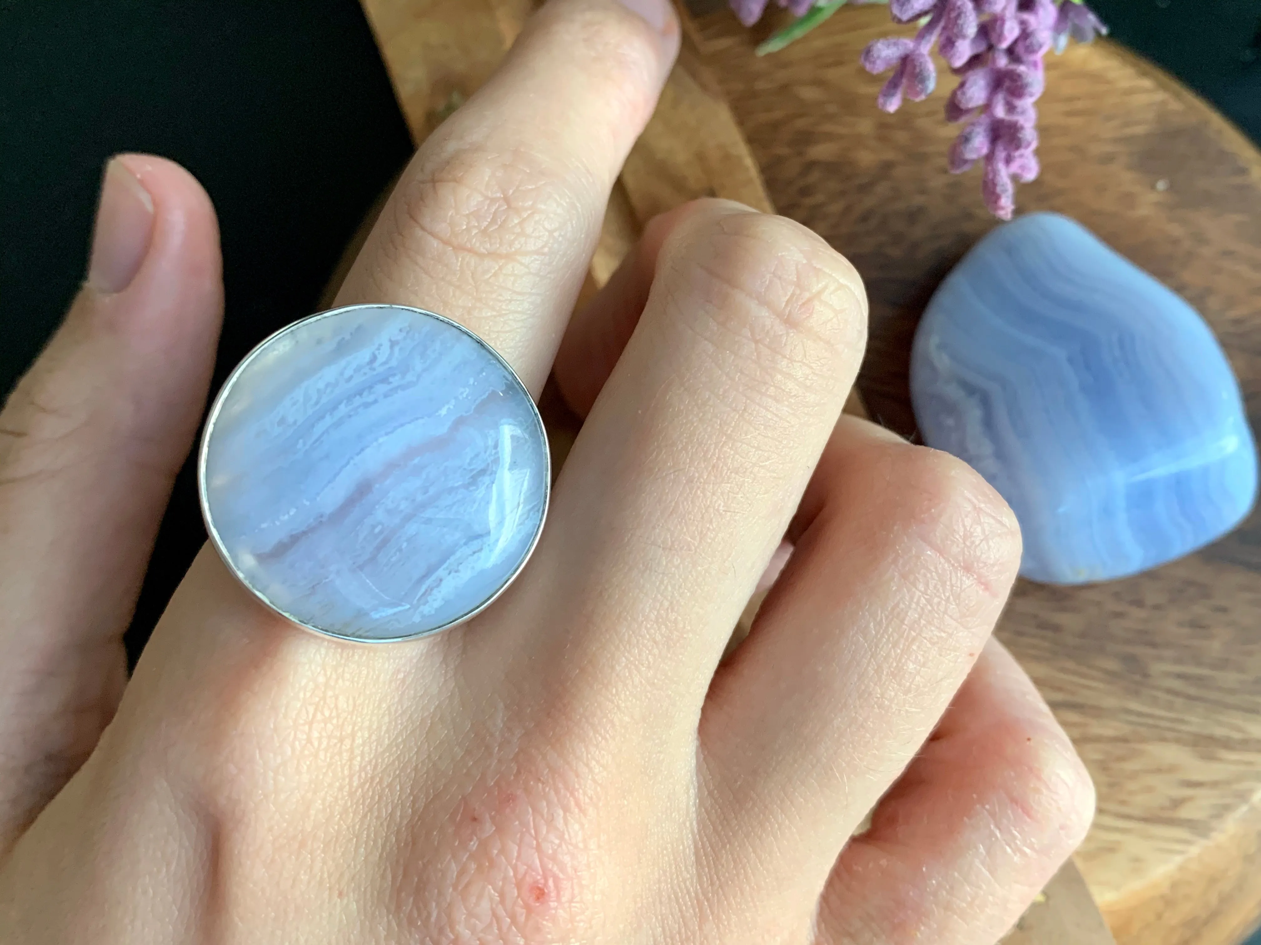 Blue Lace Agate Adjustable Ring - Round
