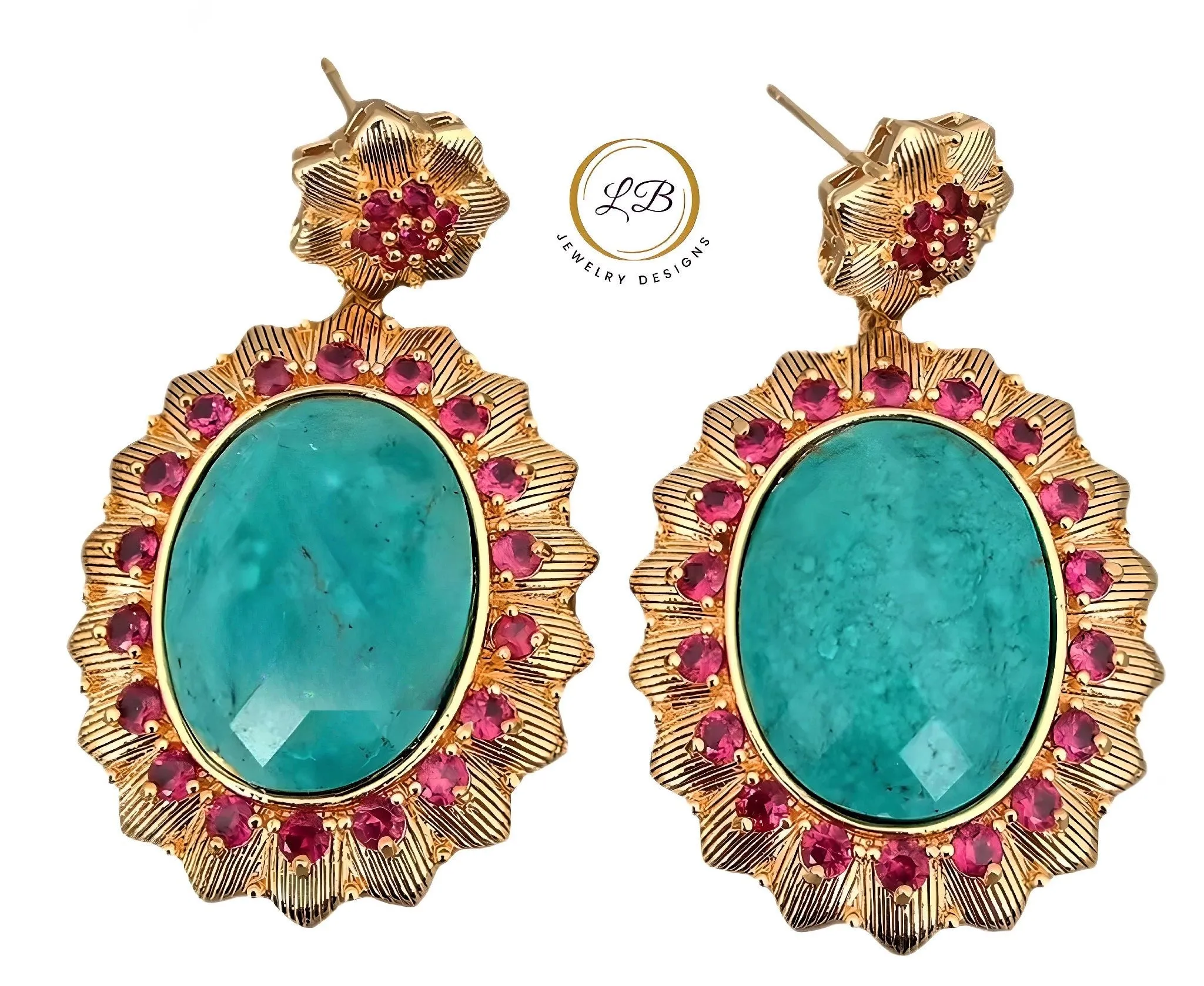 Blue Turquoise Gemstone and Pink Pave Bezel Set Statement Earrings 2"