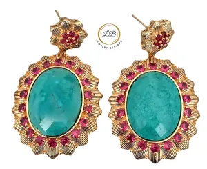 Blue Turquoise Gemstone and Pink Pave Bezel Set Statement Earrings 2"