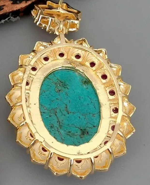 Blue Turquoise Gemstone and Pink Pave Bezel Set Statement Earrings 2"