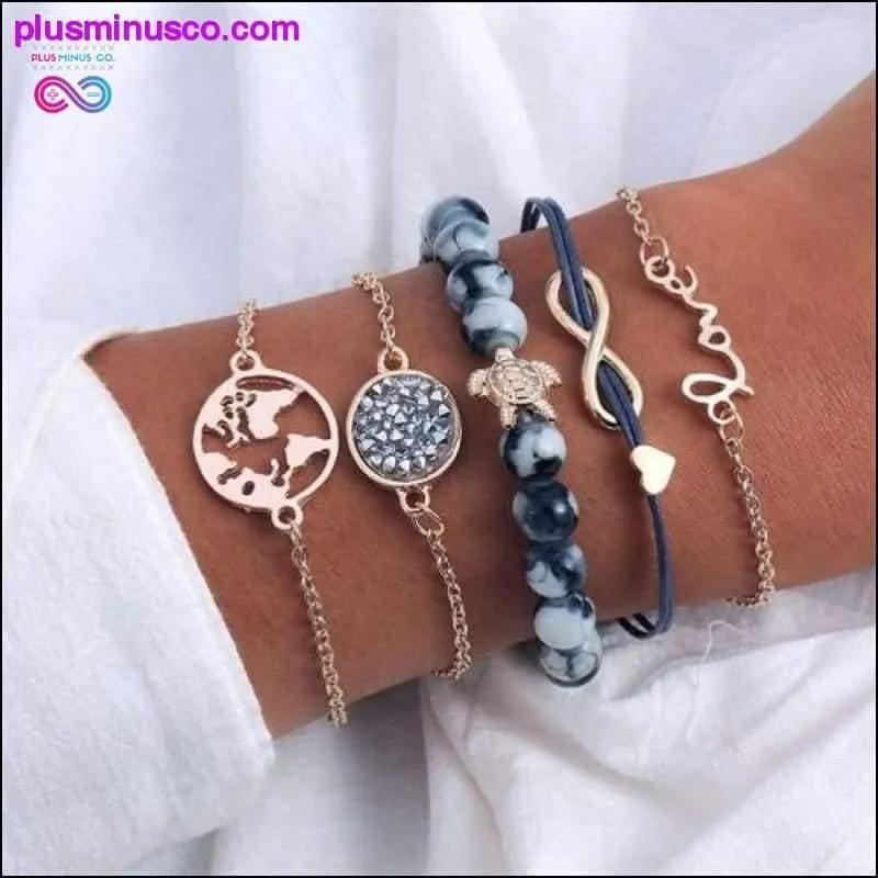 Bohemian Shell Map Turtle Bracelet Set, Retro Geometric