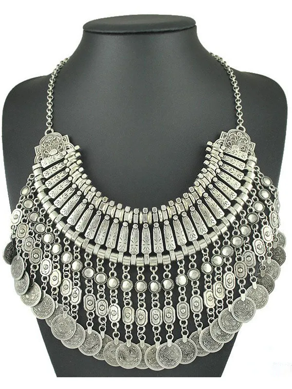 Bohemian Vintage Carved Ancient Coins Long Tassel Necklace
