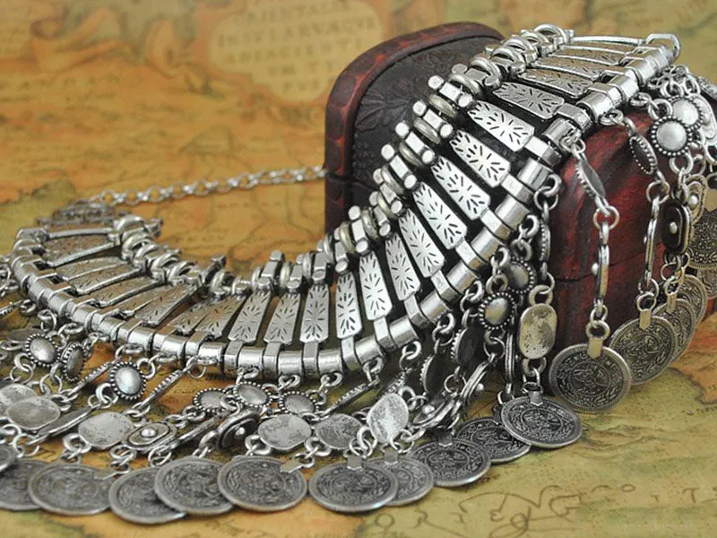 Bohemian Vintage Carved Ancient Coins Long Tassel Necklace