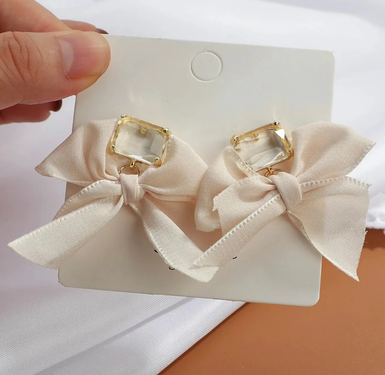 Bow Ribbon With Crystal Gemstone Pushback Earrings 220-07 | Erika Williner Designs