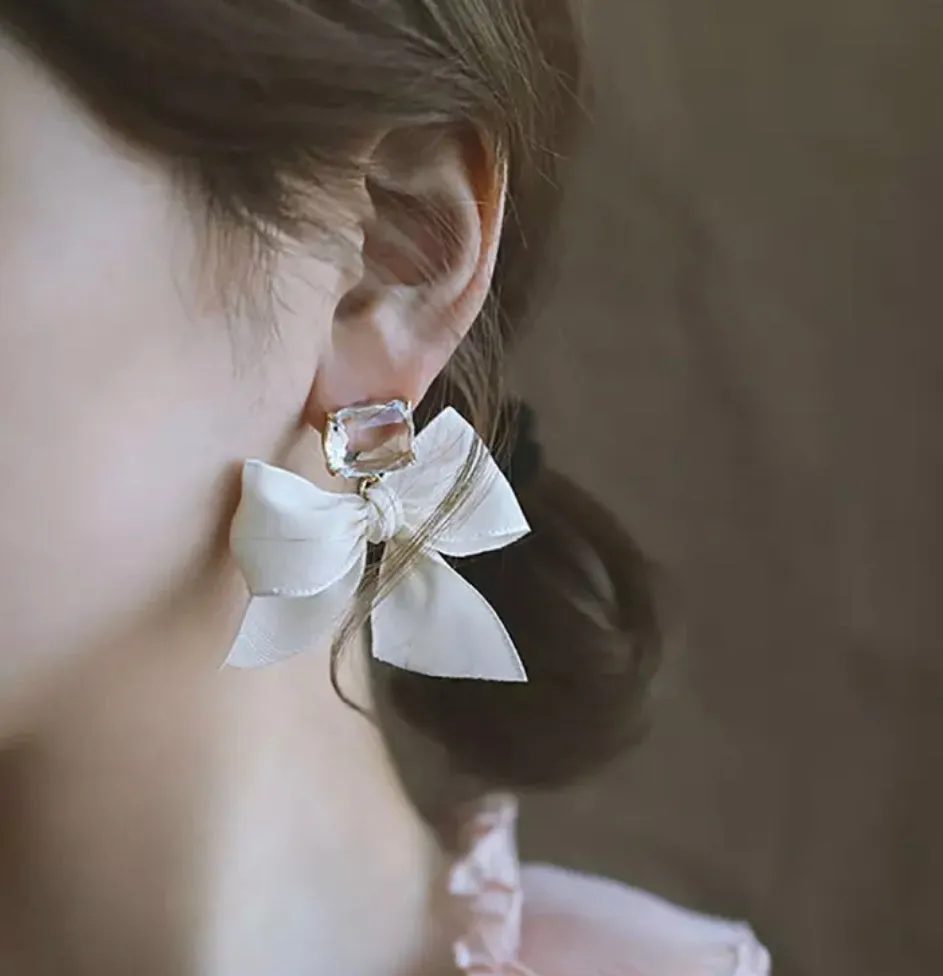 Bow Ribbon With Crystal Gemstone Pushback Earrings 220-07 | Erika Williner Designs