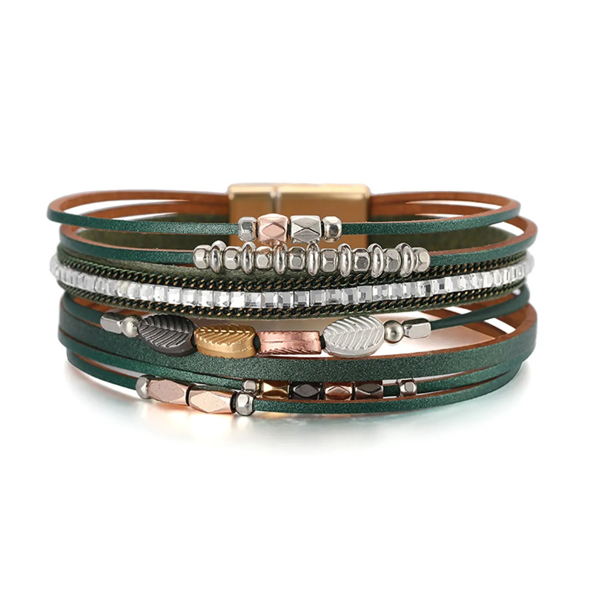 Brown Polystyrene & 18K Gold-Plated Cubic Zirconia-Accent Leaves Layered Bracelet