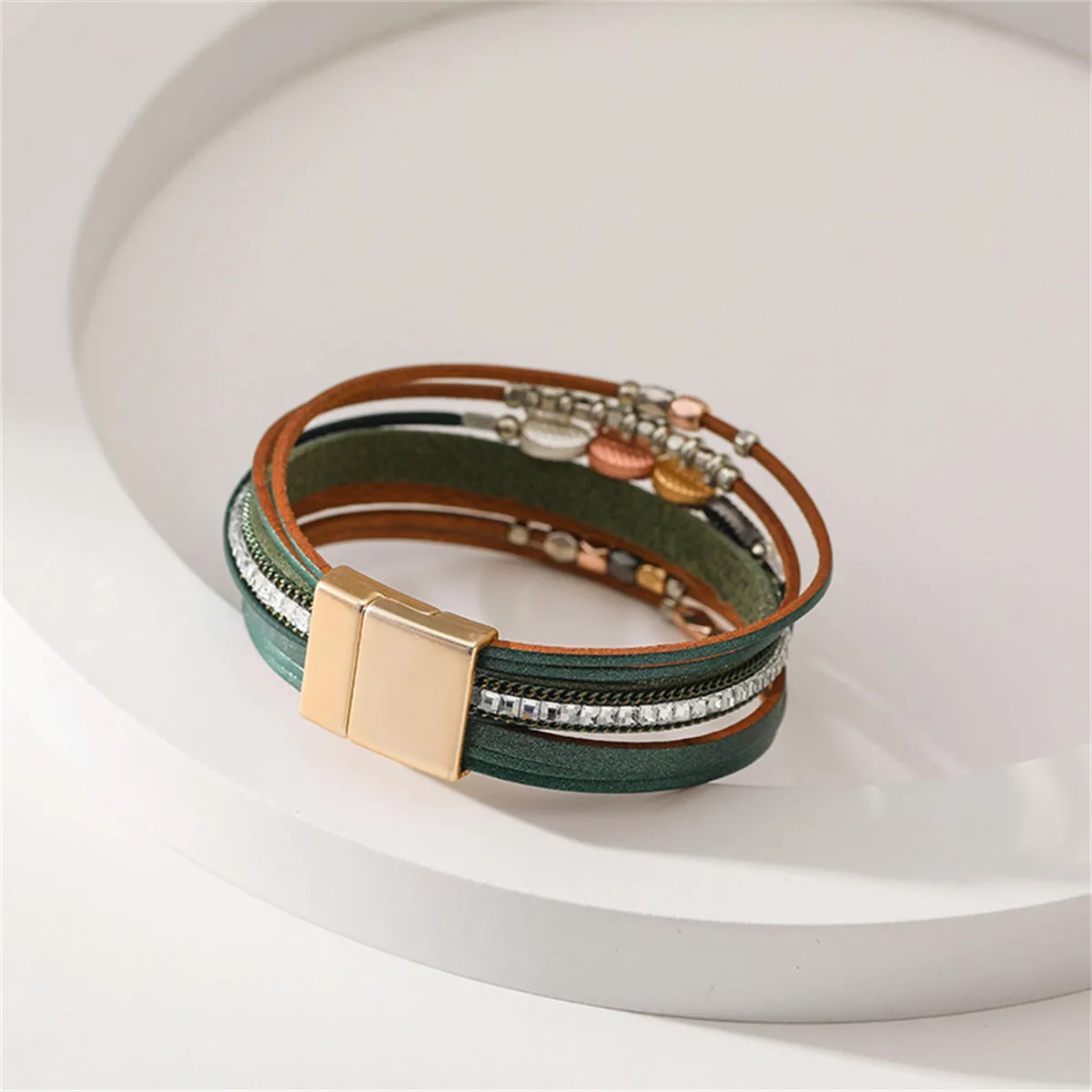 Brown Polystyrene & 18K Gold-Plated Cubic Zirconia-Accent Leaves Layered Bracelet
