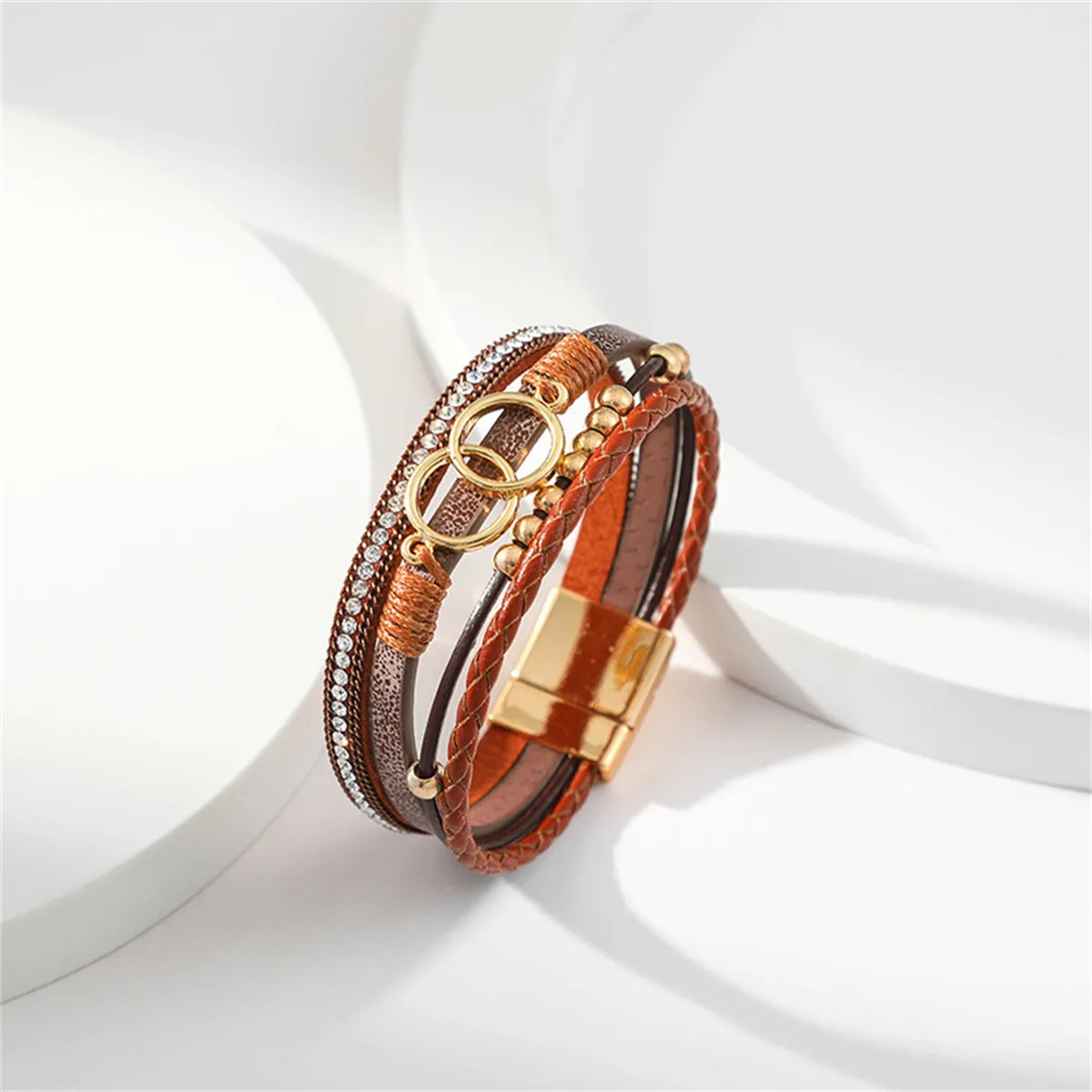Brown Polystyrene & Cubic Zirconia 18K Gold-Plated Braided Stacked Bracelet