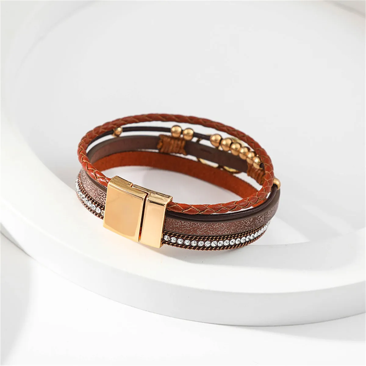 Brown Polystyrene & Cubic Zirconia 18K Gold-Plated Braided Stacked Bracelet
