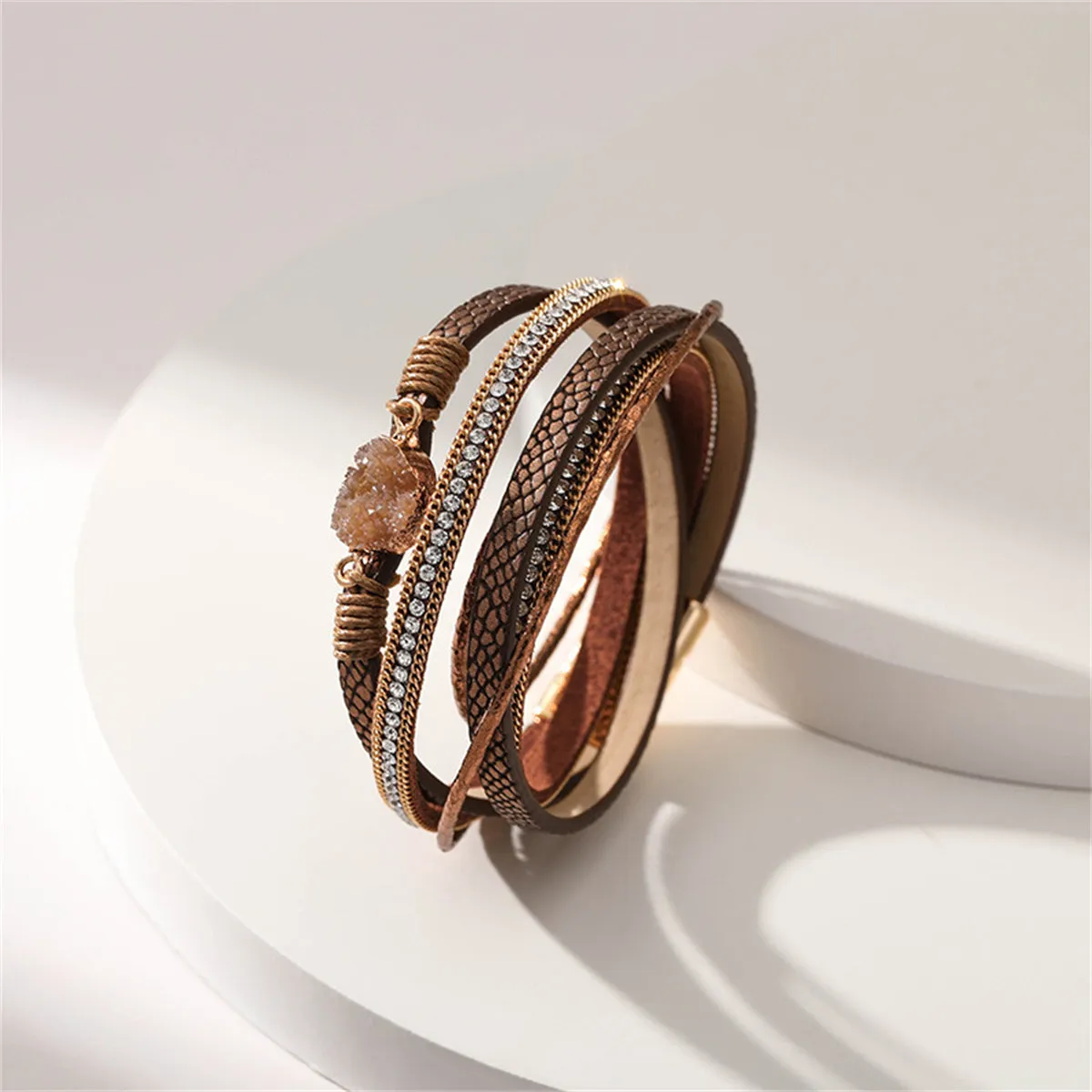 Brown Polystyrene & Cubic Zirconia Cluster Layered Bracelet