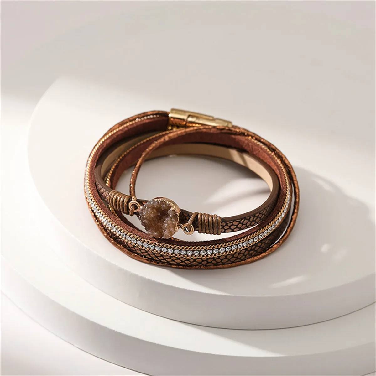 Brown Polystyrene & Cubic Zirconia Cluster Layered Bracelet