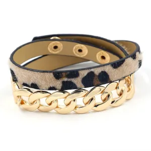 Brown Polyurethane & 18K Gold-Plated Leopard Print Chain Wrap Bracelet