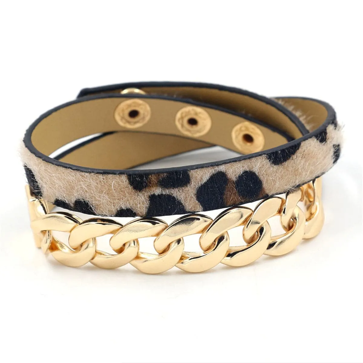 Brown Polyurethane & 18K Gold-Plated Leopard Print Chain Wrap Bracelet