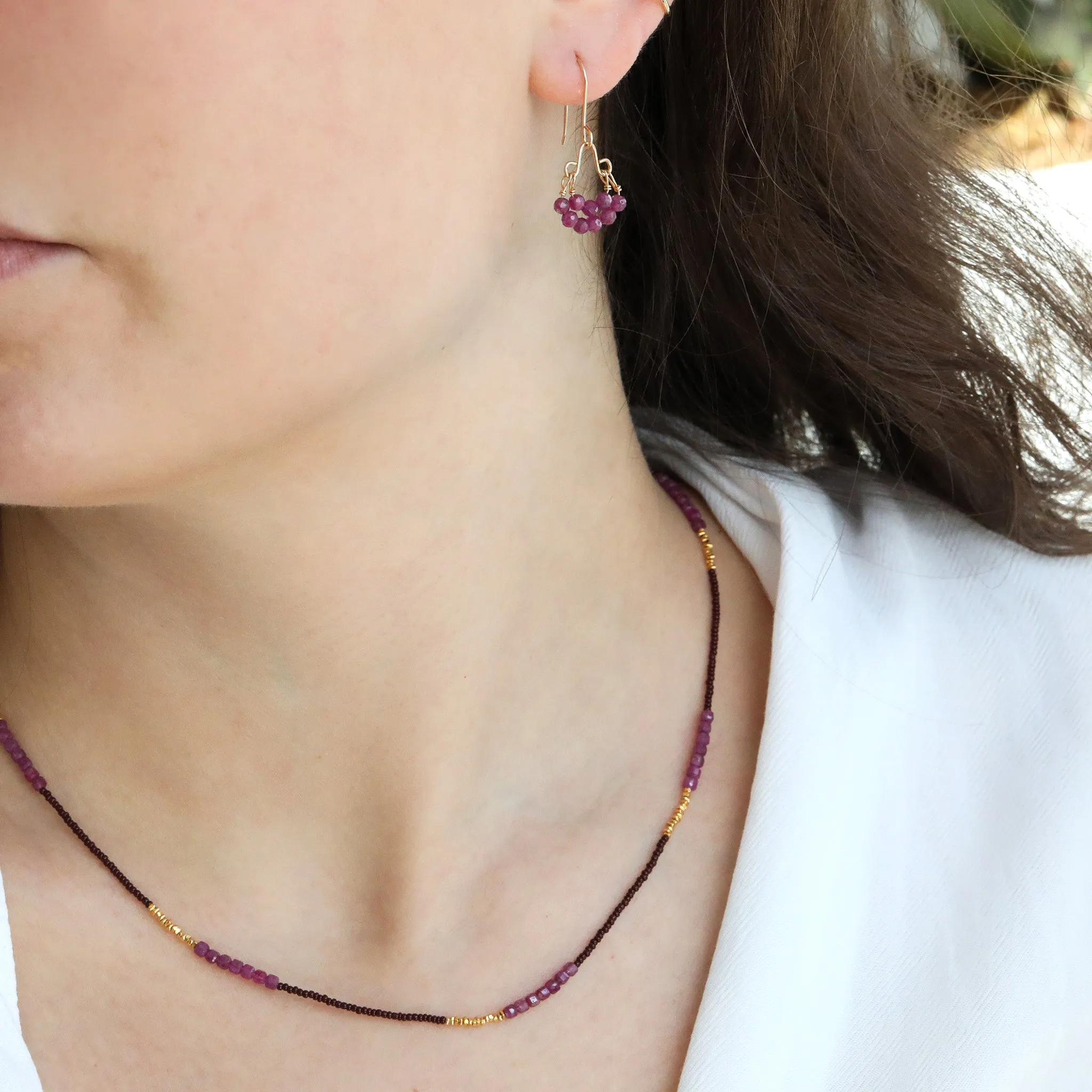 Brown Seed Bead Necklace with Ruby & Gold Vermeil Beaded Stations