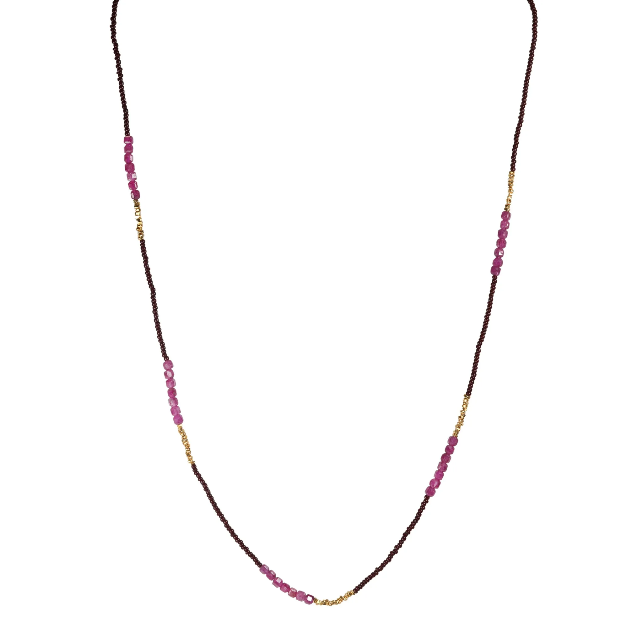 Brown Seed Bead Necklace with Ruby & Gold Vermeil Beaded Stations