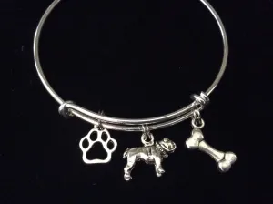 Bull Dog Charm on a Silver Expandable Adjustable Bangle Bracelet Meaningful Dog Lover Gift