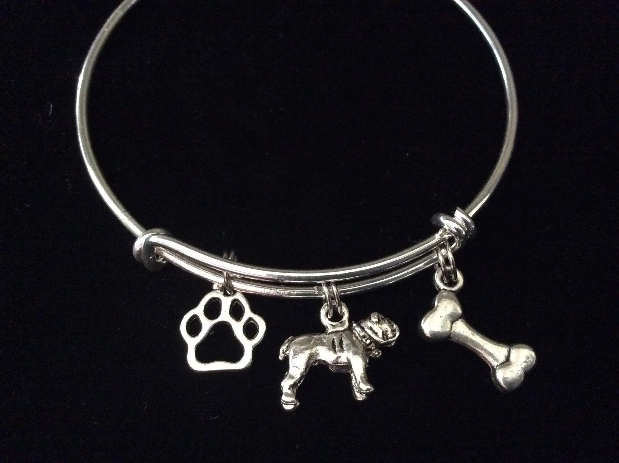 Bull Dog Charm on a Silver Expandable Adjustable Bangle Bracelet Meaningful Dog Lover Gift