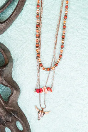 Burnt Orange Silvia Steer Skull Coppertone Layered Necklace
