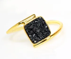 Bypass Square Black Druzy Gold Ring