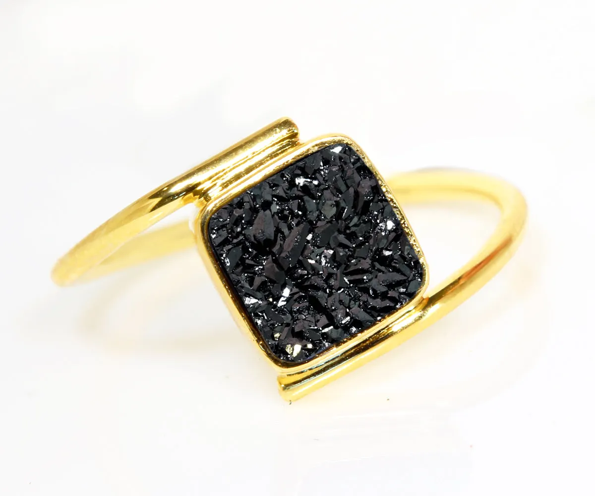 Bypass Square Black Druzy Gold Ring