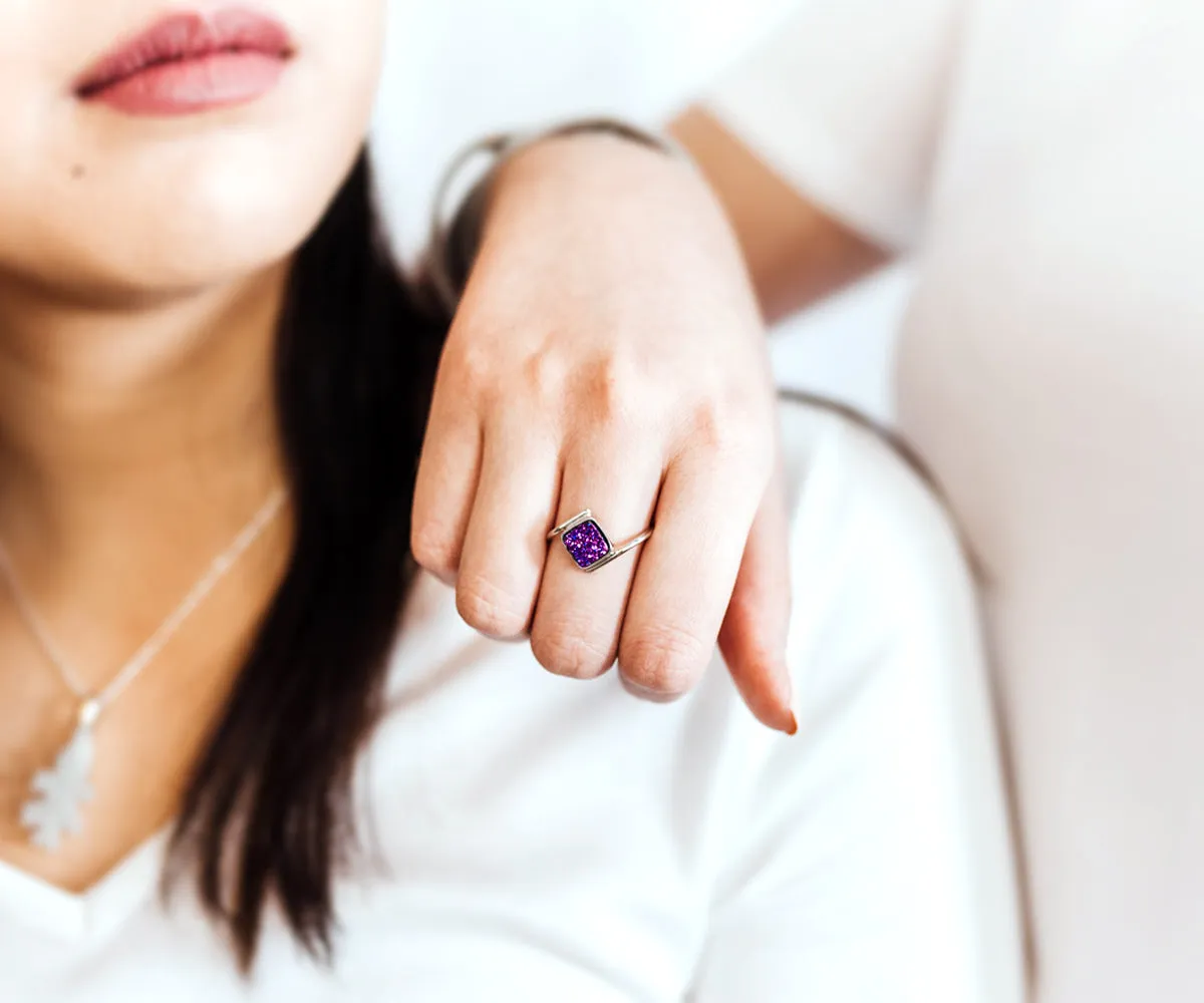 Bypass Square Purple Rainbow Druzy Ring