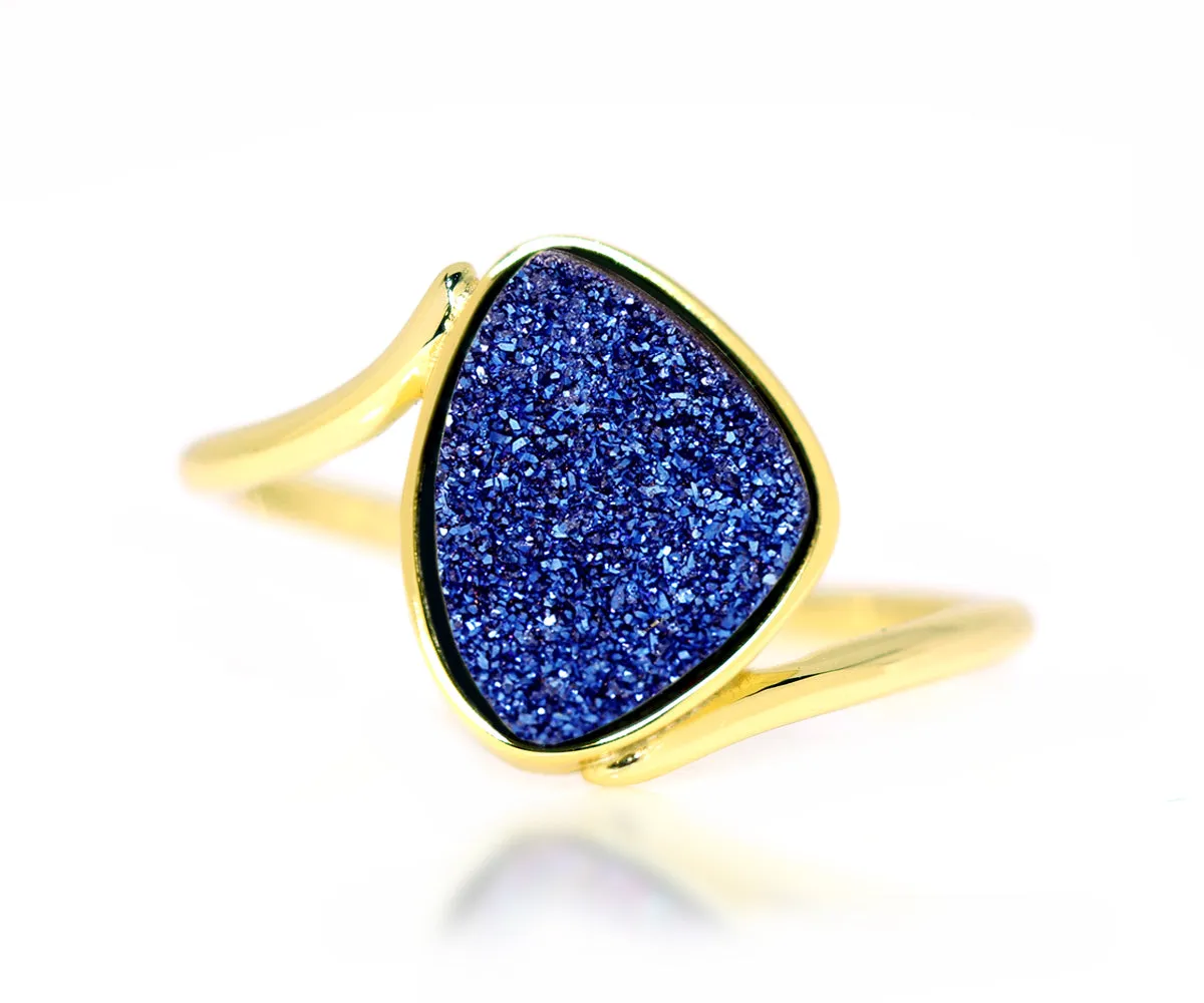 Bypass Trillion Blue Druzy 14K Gold Ring