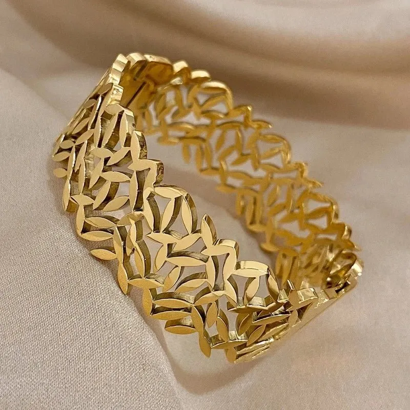 Charm Leaf Gold Wide Bangles Bracelet for Women Wrist Jewelry