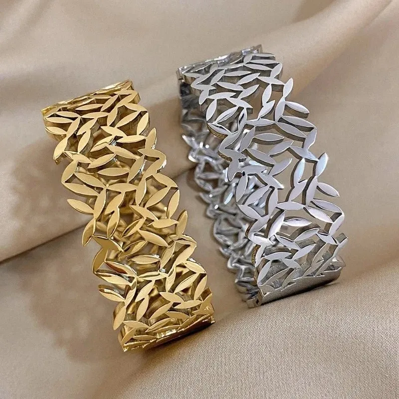 Charm Leaf Gold Wide Bangles Bracelet for Women Wrist Jewelry