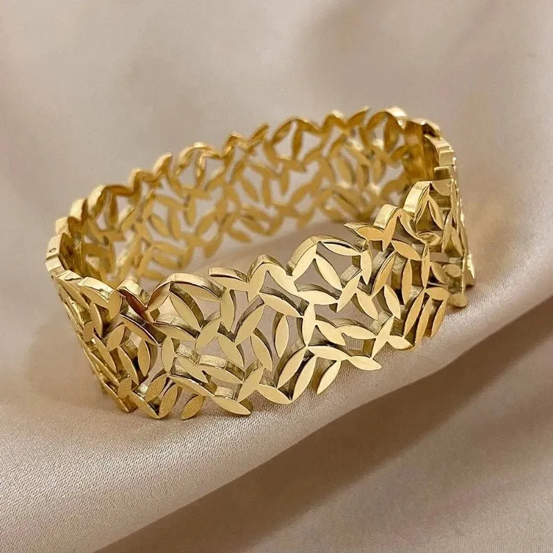 Charm Leaf Gold Wide Bangles Bracelet for Women Wrist Jewelry