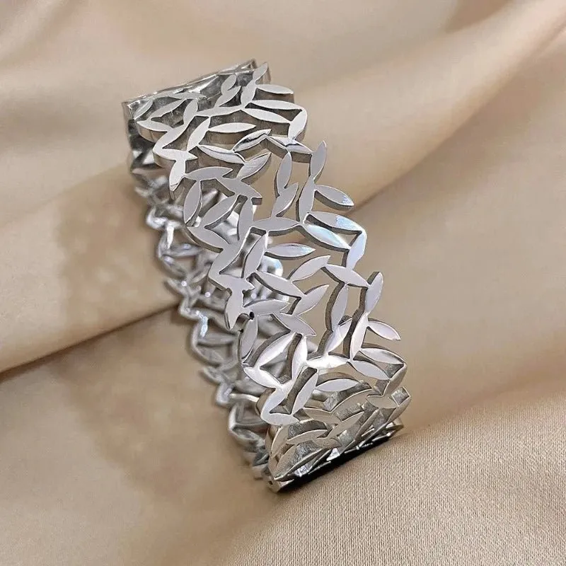 Charm Leaf Gold Wide Bangles Bracelet for Women Wrist Jewelry