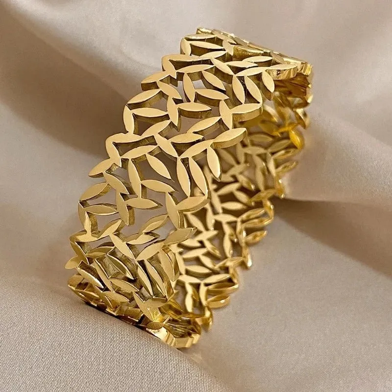 Charm Leaf Gold Wide Bangles Bracelet for Women Wrist Jewelry