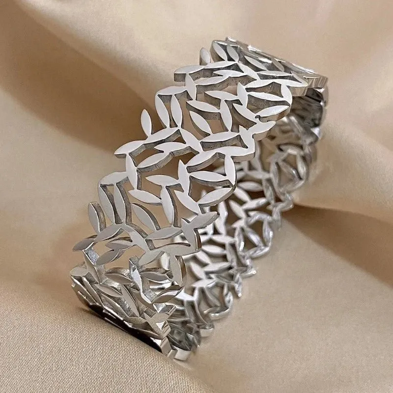 Charm Leaf Gold Wide Bangles Bracelet for Women Wrist Jewelry