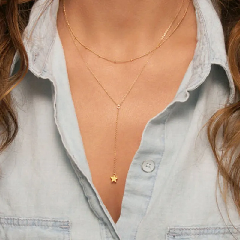 Charms Fashion Silver Gold Color Star Choker Necklace Lariat Long Tassel Necklace for Women Boho Jewelry Colar Collier Collares