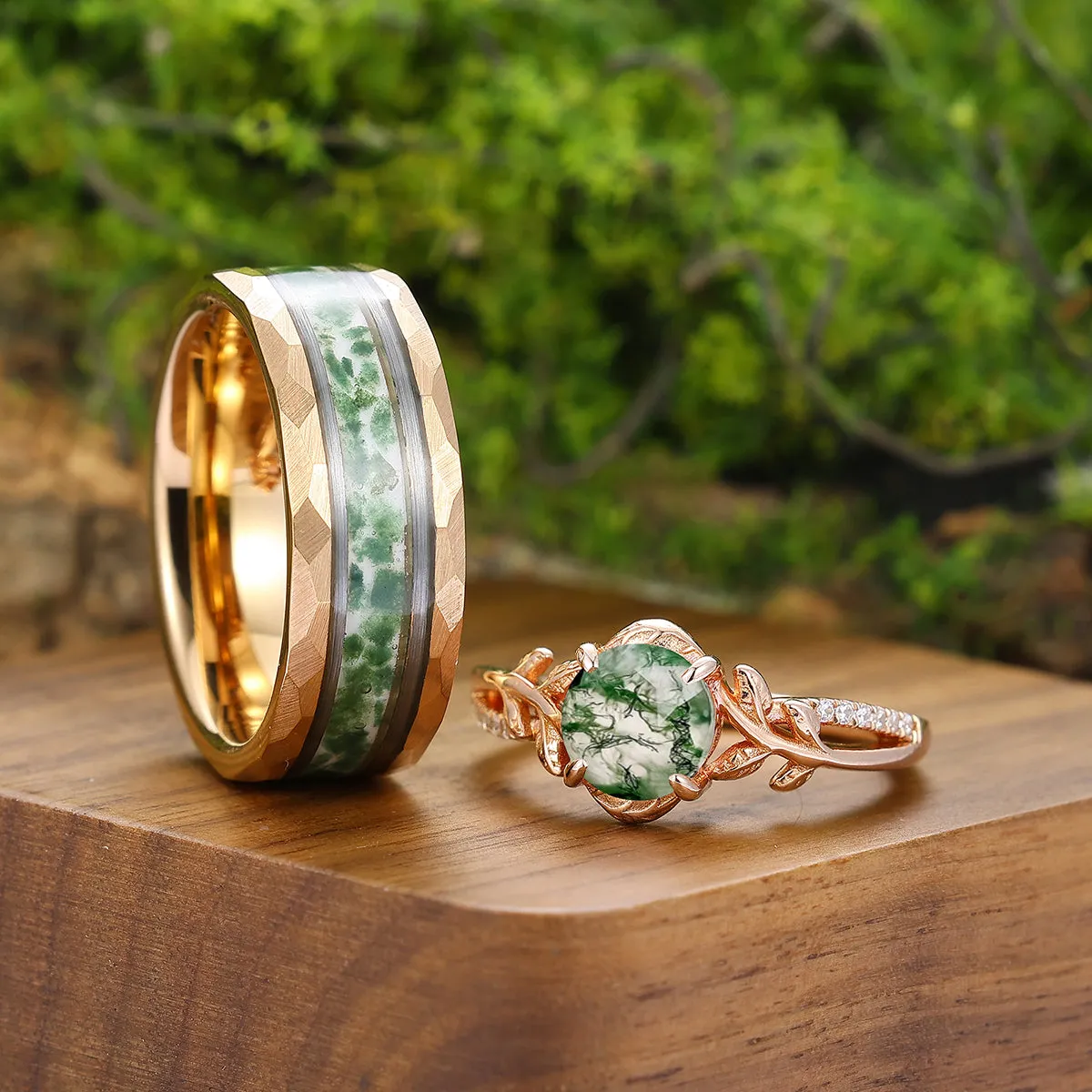 Classic Moss Agate Chestnut Engagement Couple Rings Rose Gold Matching Promise Wedding Bands