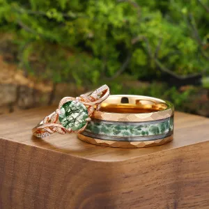 Classic Moss Agate Chestnut Engagement Couple Rings Rose Gold Matching Promise Wedding Bands