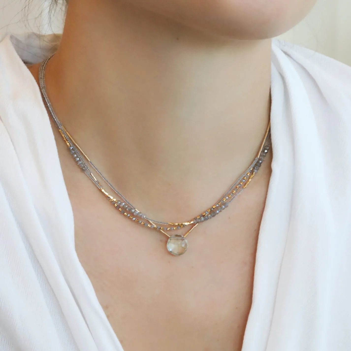 Clear Seed Bead Necklace with Centered Mystic Labradorite & Gold Vermeil Station