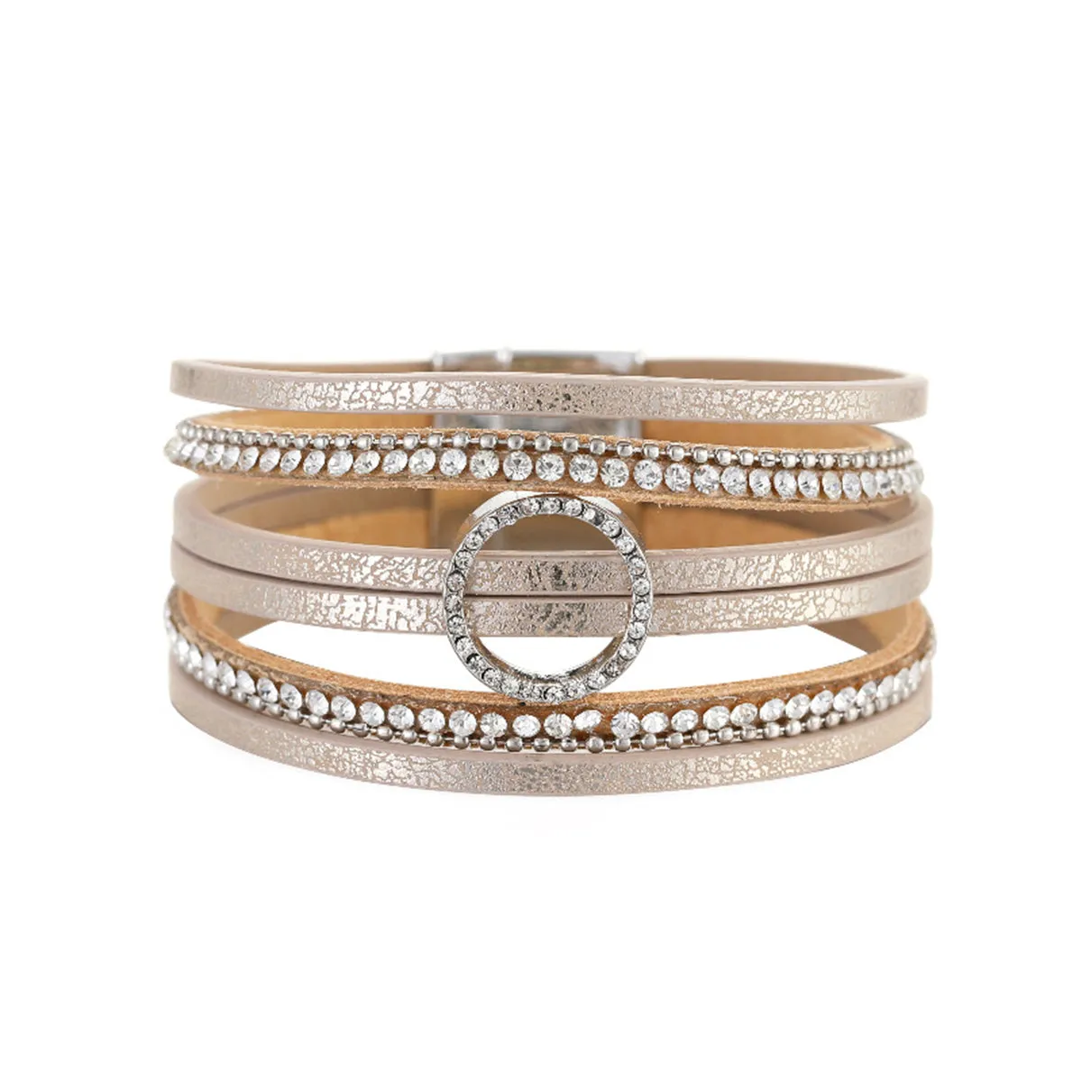 Coffee Polystyrene & Cubic Zirconia Silver-Plated Bead-Chain Circle-Charm Bangle