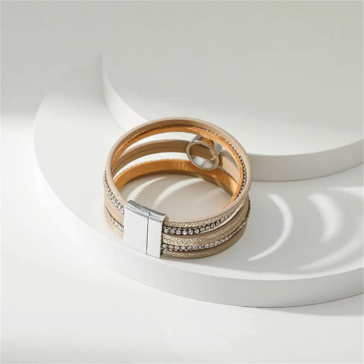 Coffee Polystyrene & Cubic Zirconia Silver-Plated Bead-Chain Circle-Charm Bangle