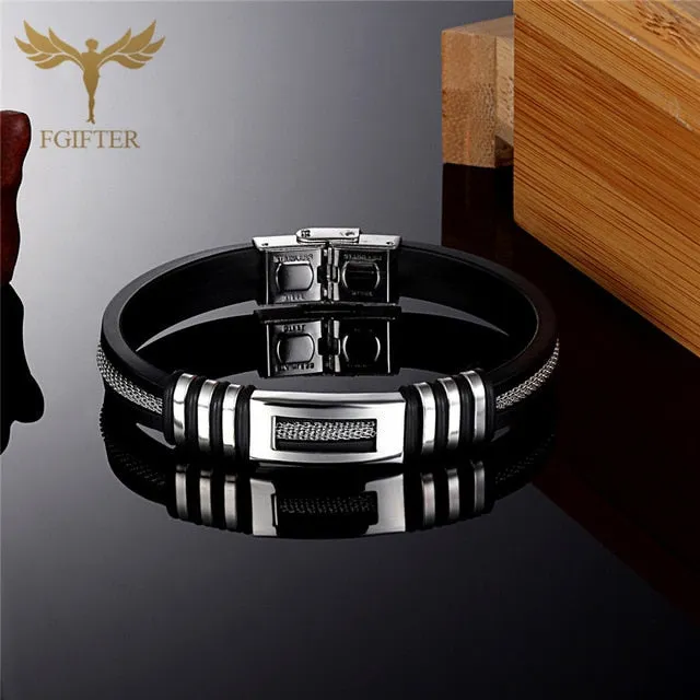 Cool Men's Health Bracelet Stainless Steel Silicone Bracelets with Chain Men Accessories Jewelry Rubber Wristband
